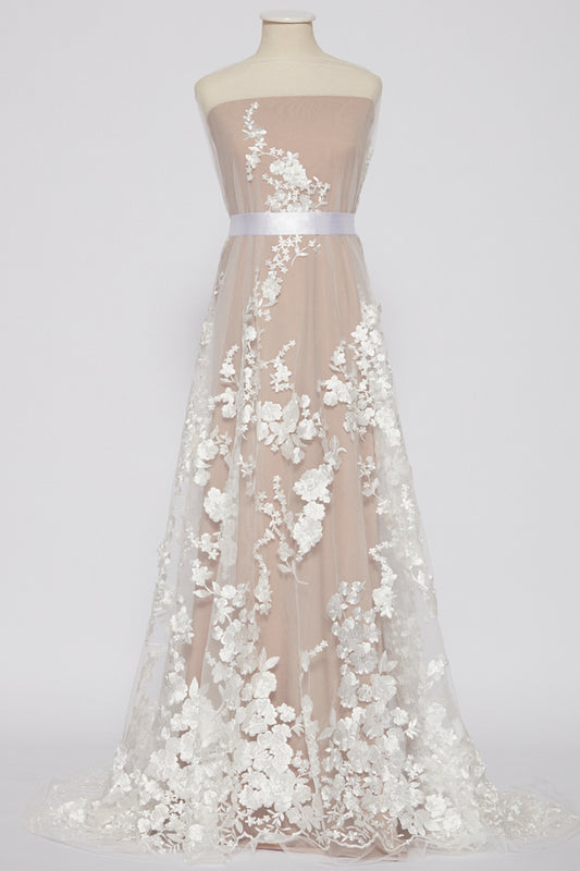 S0086 EMBROIDERY TULLE WITH 3D FLOWERS OFF WHITE