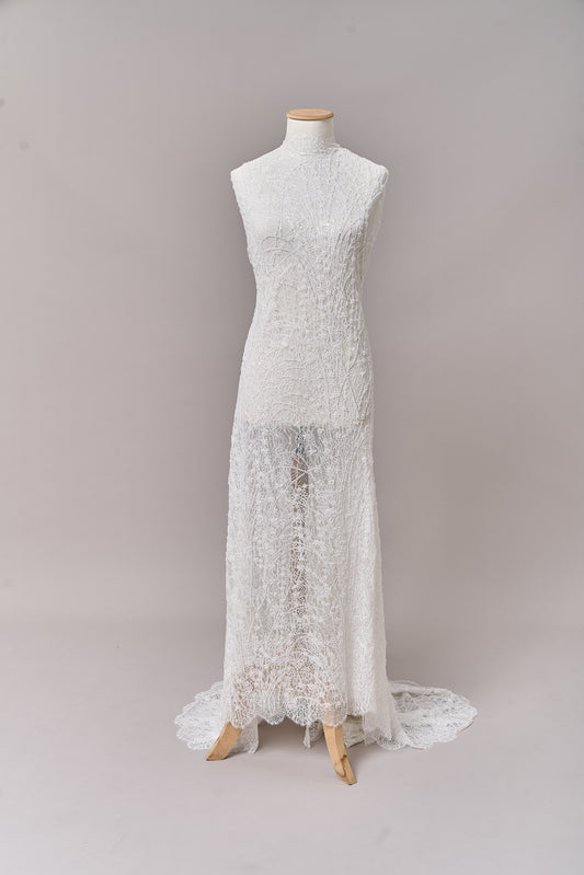 S0677 EMBROIDERY LACE WITH OFF-WHITE BEADS, TRANSPARENT AND SILVER SEQUINS