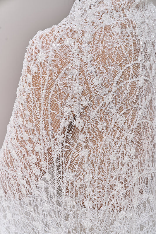 S0677 EMBROIDERY LACE WITH OFF-WHITE BEADS, TRANSPARENT AND SILVER SEQUINS