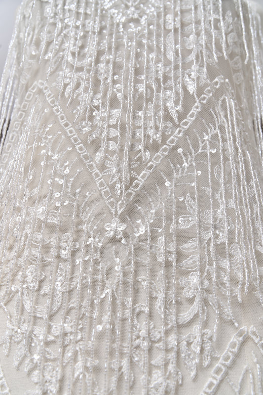 S0676 WHITE - EMBROIDERY TULLE WITH TRANSPARENT BEADS AND SEQUINS