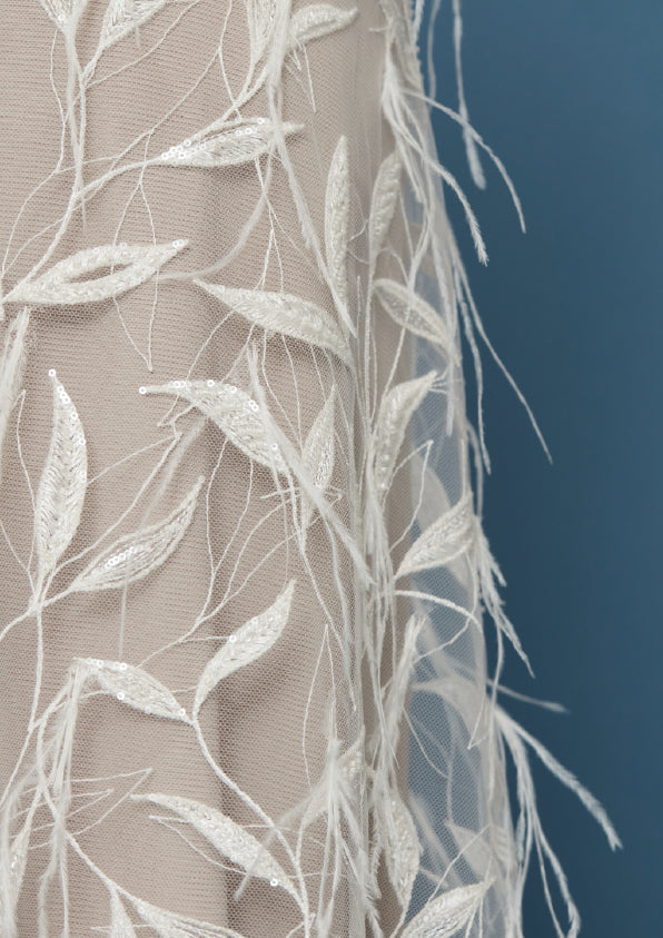 S0451 EMBROIDERY TULLE WITH FEATHERS, SEQUINS AND BEADS