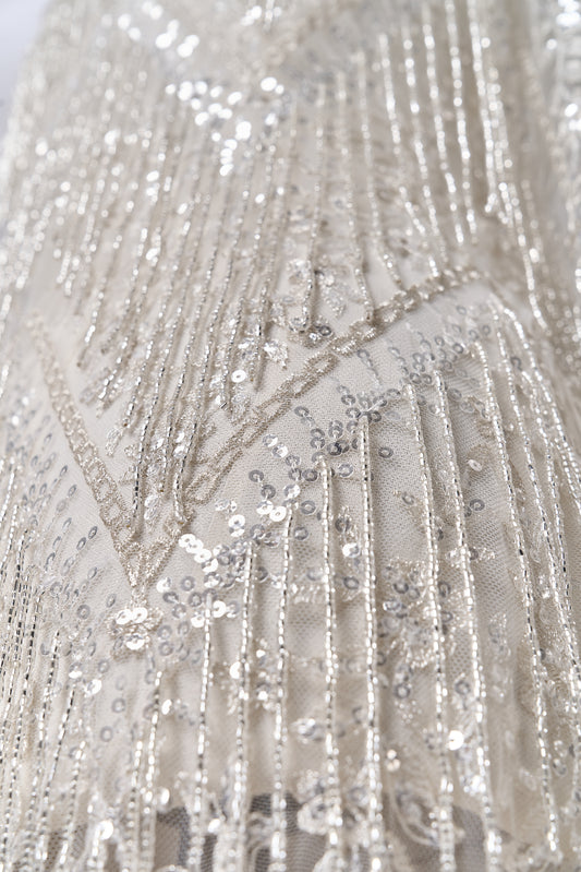 S0676 SILVER - EMBROIDERY TULLE WITH LUREX, BEADS AND SILVER SEQUINS