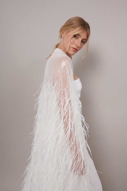 S0552 EMBROIDERY TULLE WITH SEQUINS, BEADS AND FEATHERS