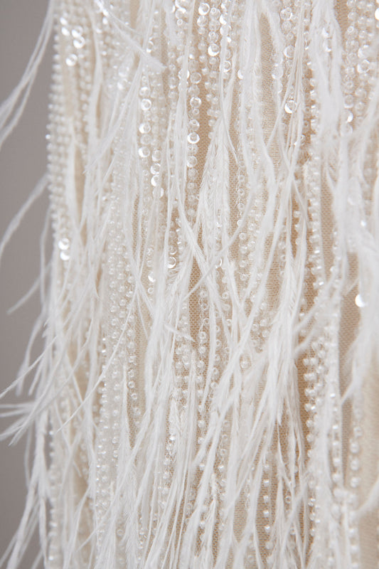 S0552 EMBROIDERY TULLE WITH SEQUINS, BEADS AND FEATHERS