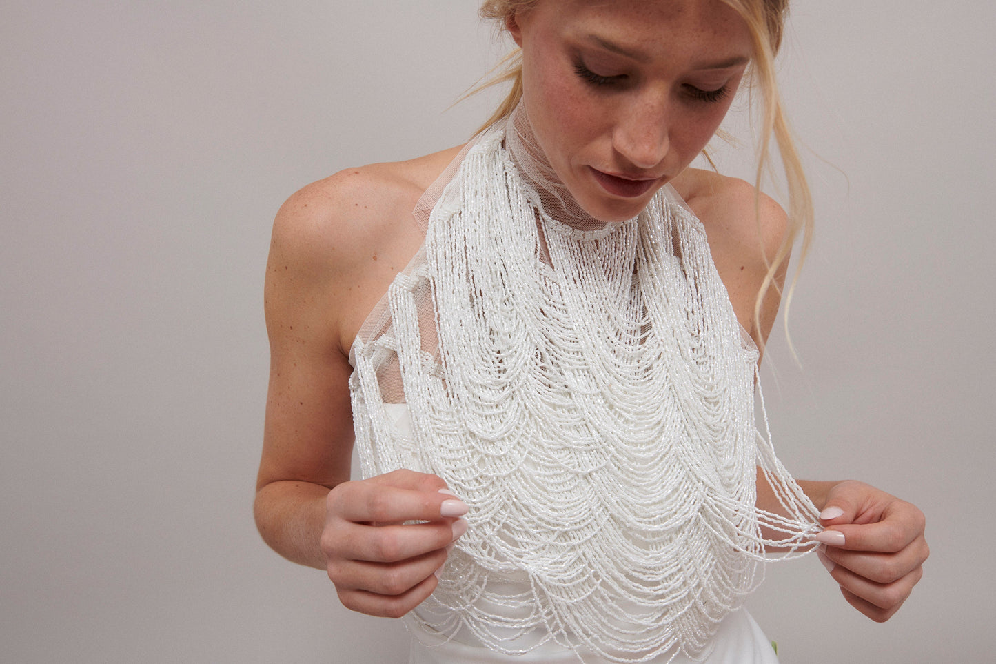 S0586 - EMBROIDERY TULLE WITH OFF WHITE BEADS