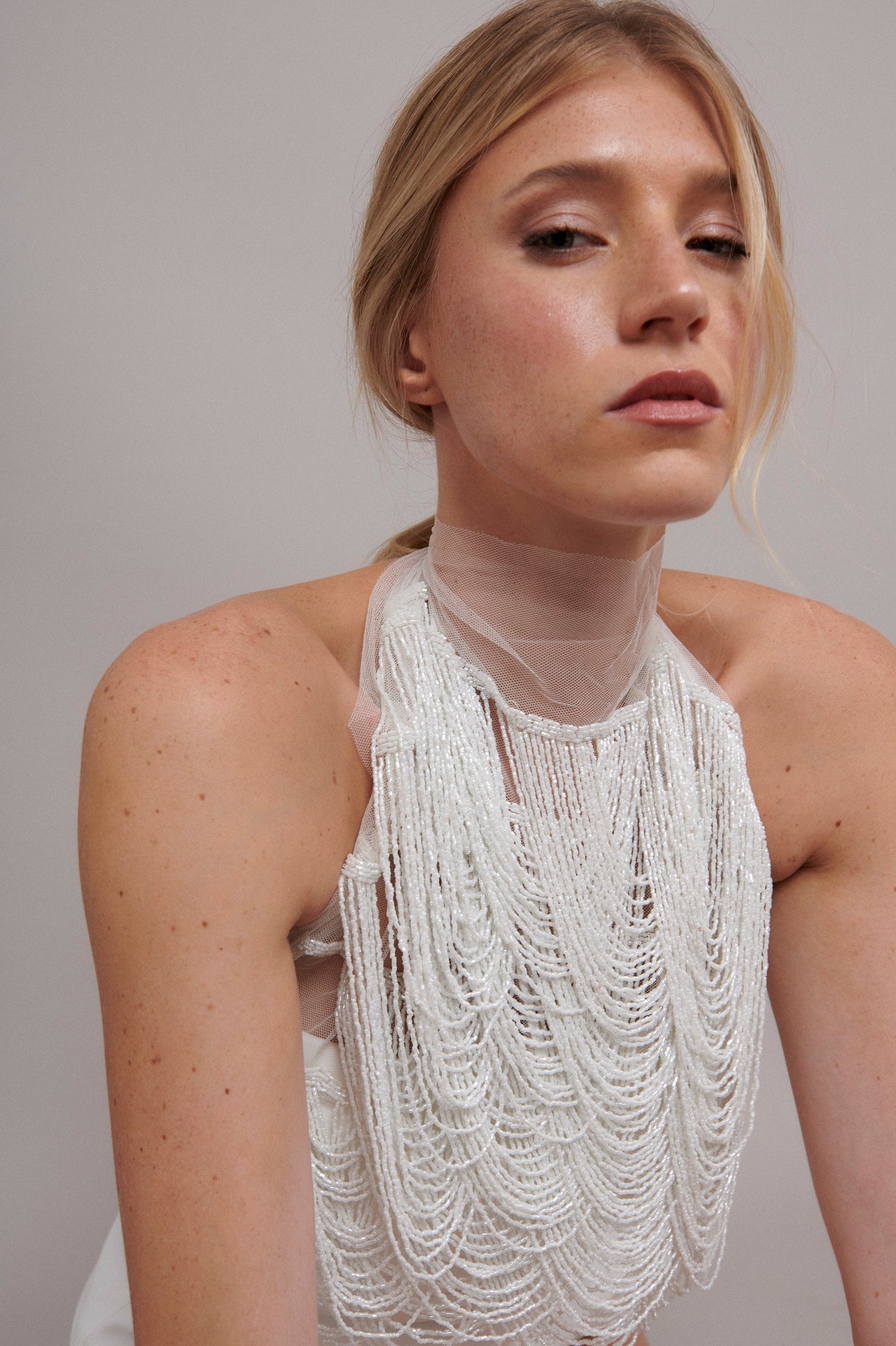 S0586 - EMBROIDERY TULLE WITH OFF WHITE BEADS