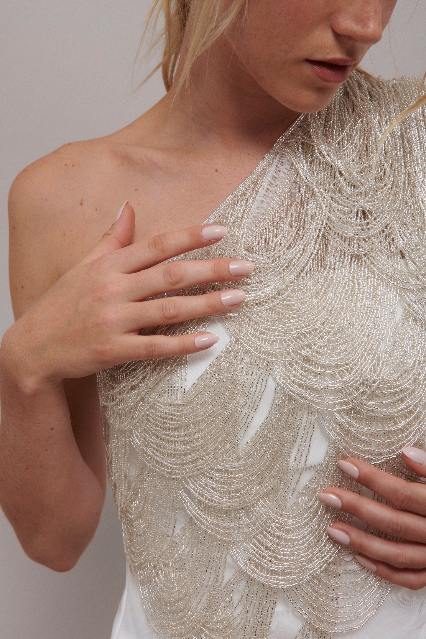 S0586 EMBROIDERY TULLE WITH OFF SILVER BEADS
