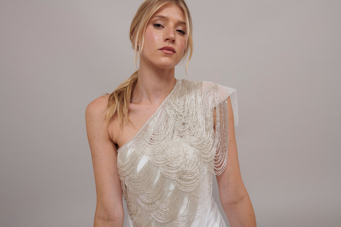 S0586 EMBROIDERY TULLE WITH OFF SILVER BEADS