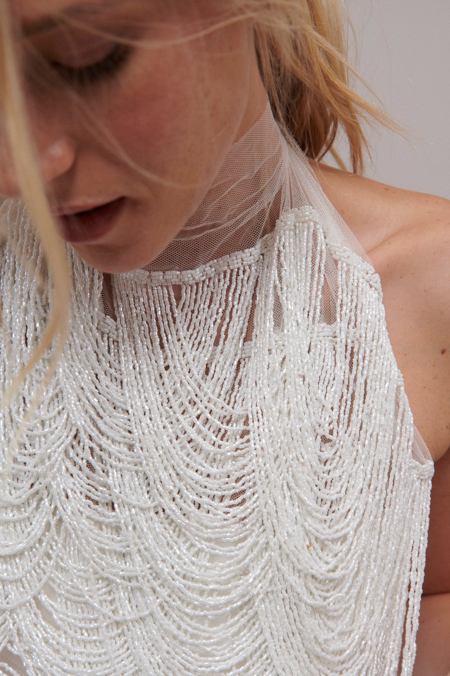 S0586 - EMBROIDERY TULLE WITH OFF WHITE BEADS