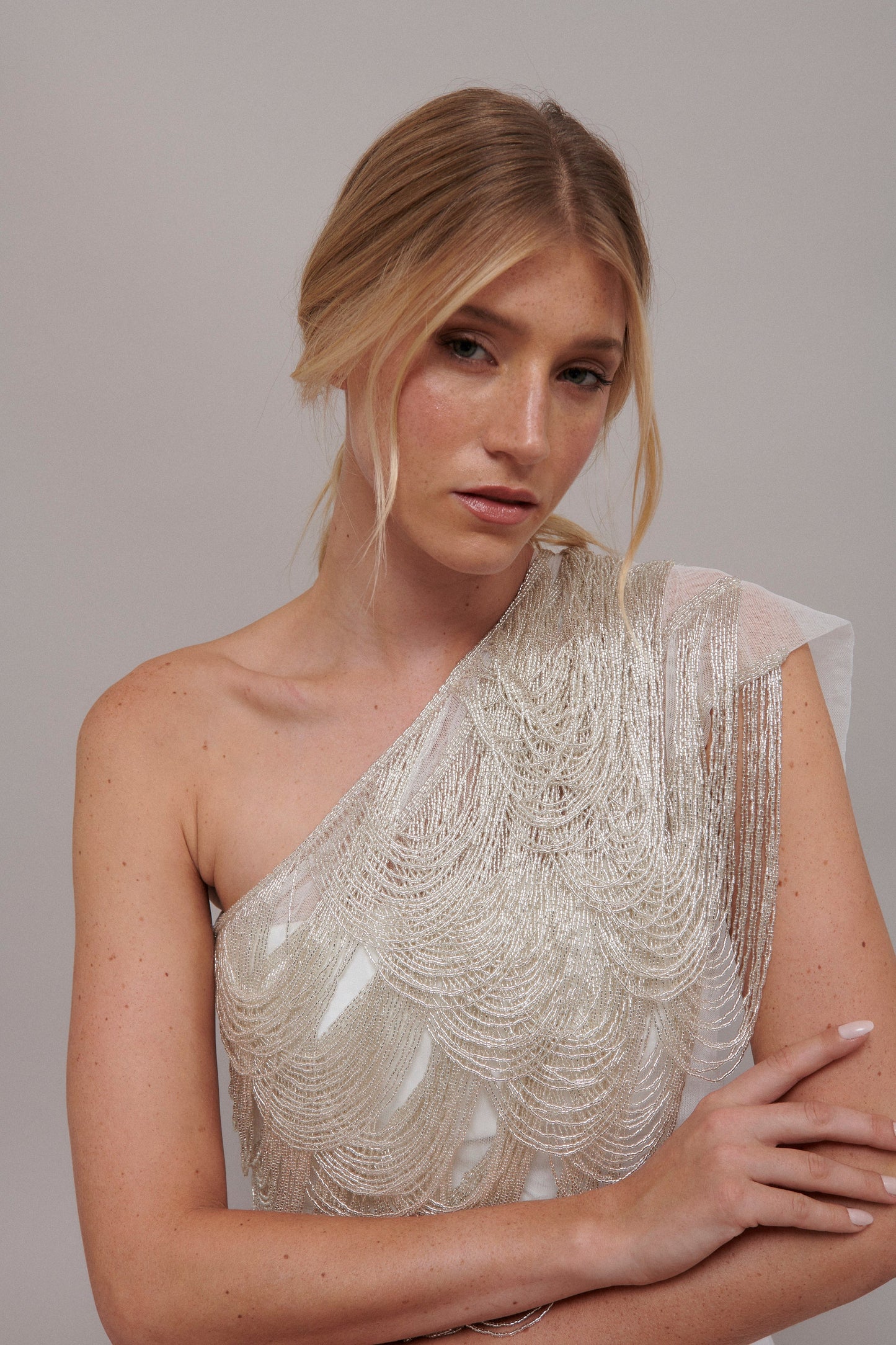 S0586 EMBROIDERY TULLE WITH OFF SILVER BEADS