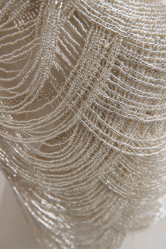 S0586 EMBROIDERY TULLE WITH OFF SILVER BEADS