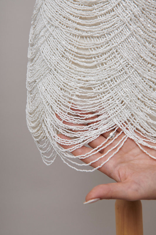 S0586 - EMBROIDERY TULLE WITH OFF WHITE BEADS