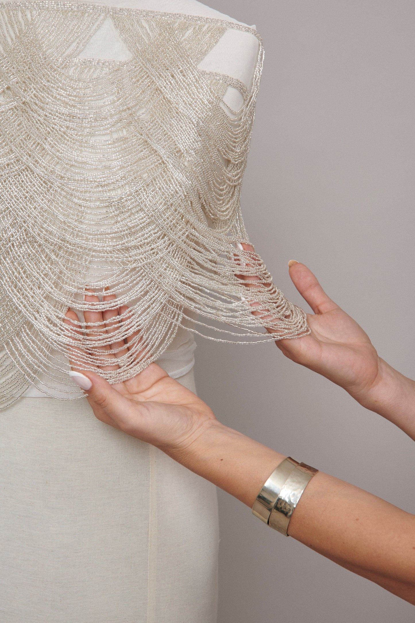 S0586 EMBROIDERY TULLE WITH OFF SILVER BEADS