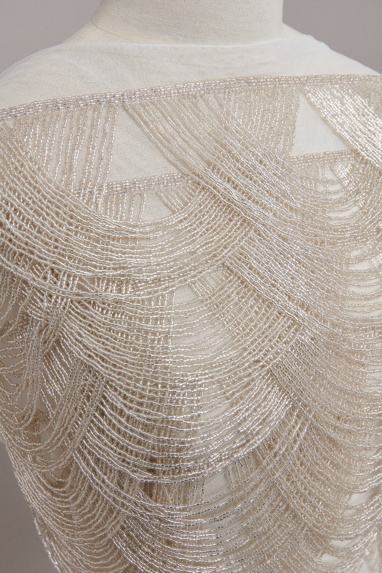 S0586 EMBROIDERY TULLE WITH OFF SILVER BEADS