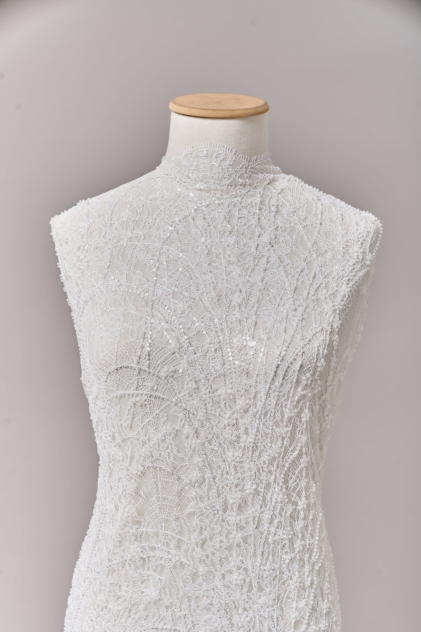 S0677 EMBROIDERY LACE WITH OFF-WHITE BEADS, TRANSPARENT AND SILVER SEQUINS