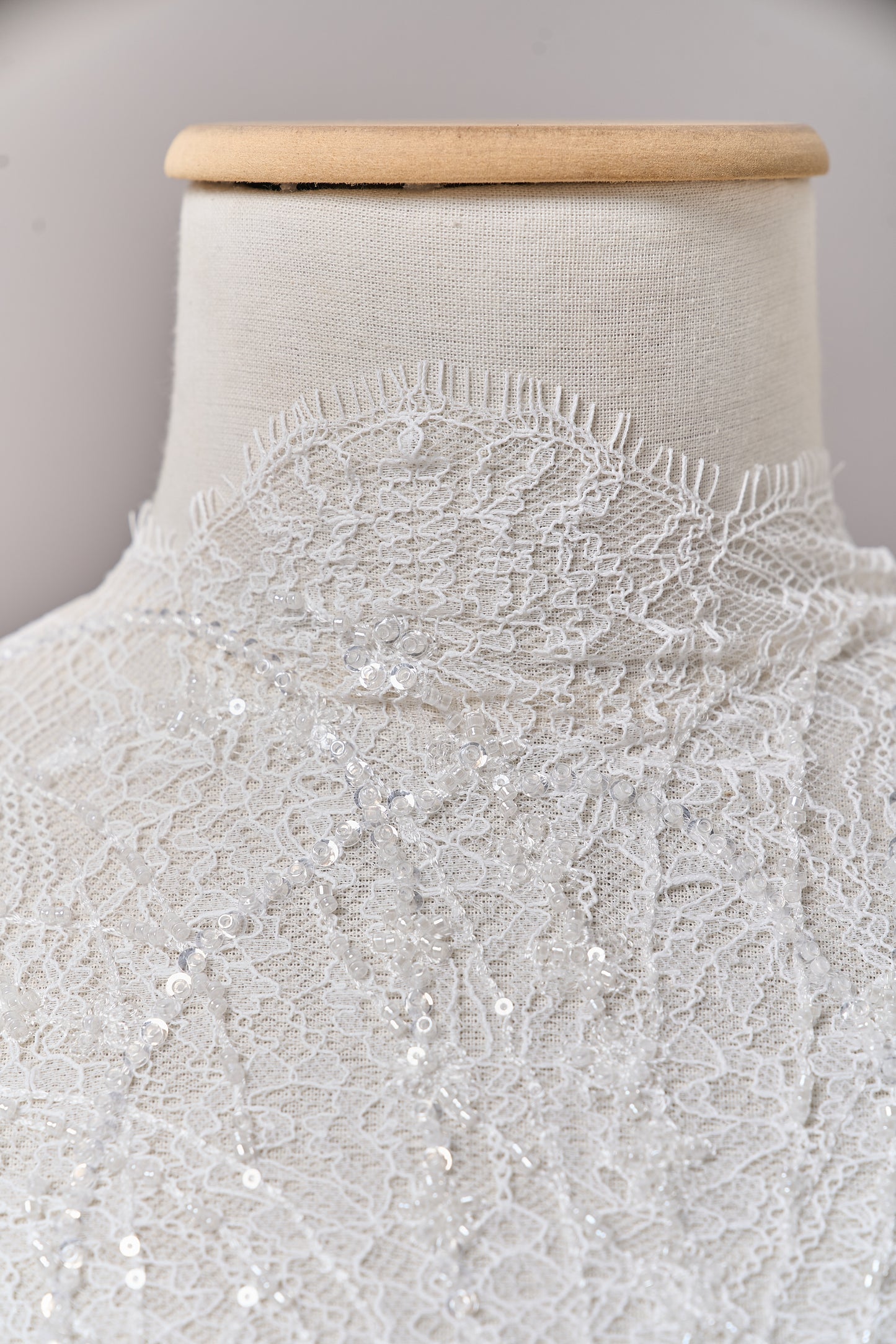 S0677 EMBROIDERY LACE WITH OFF-WHITE BEADS, TRANSPARENT AND SILVER SEQUINS