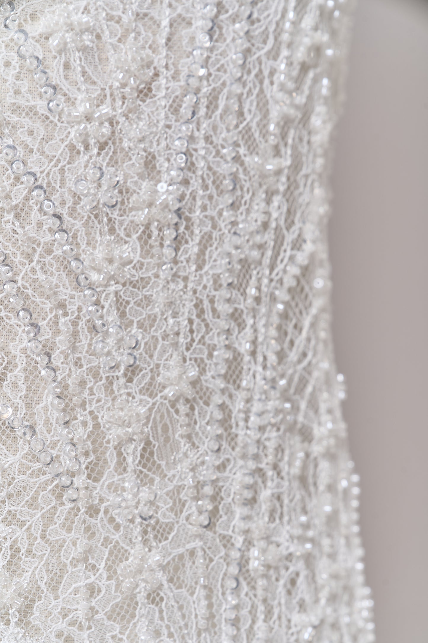 S0677 EMBROIDERY LACE WITH OFF-WHITE BEADS, TRANSPARENT AND SILVER SEQUINS
