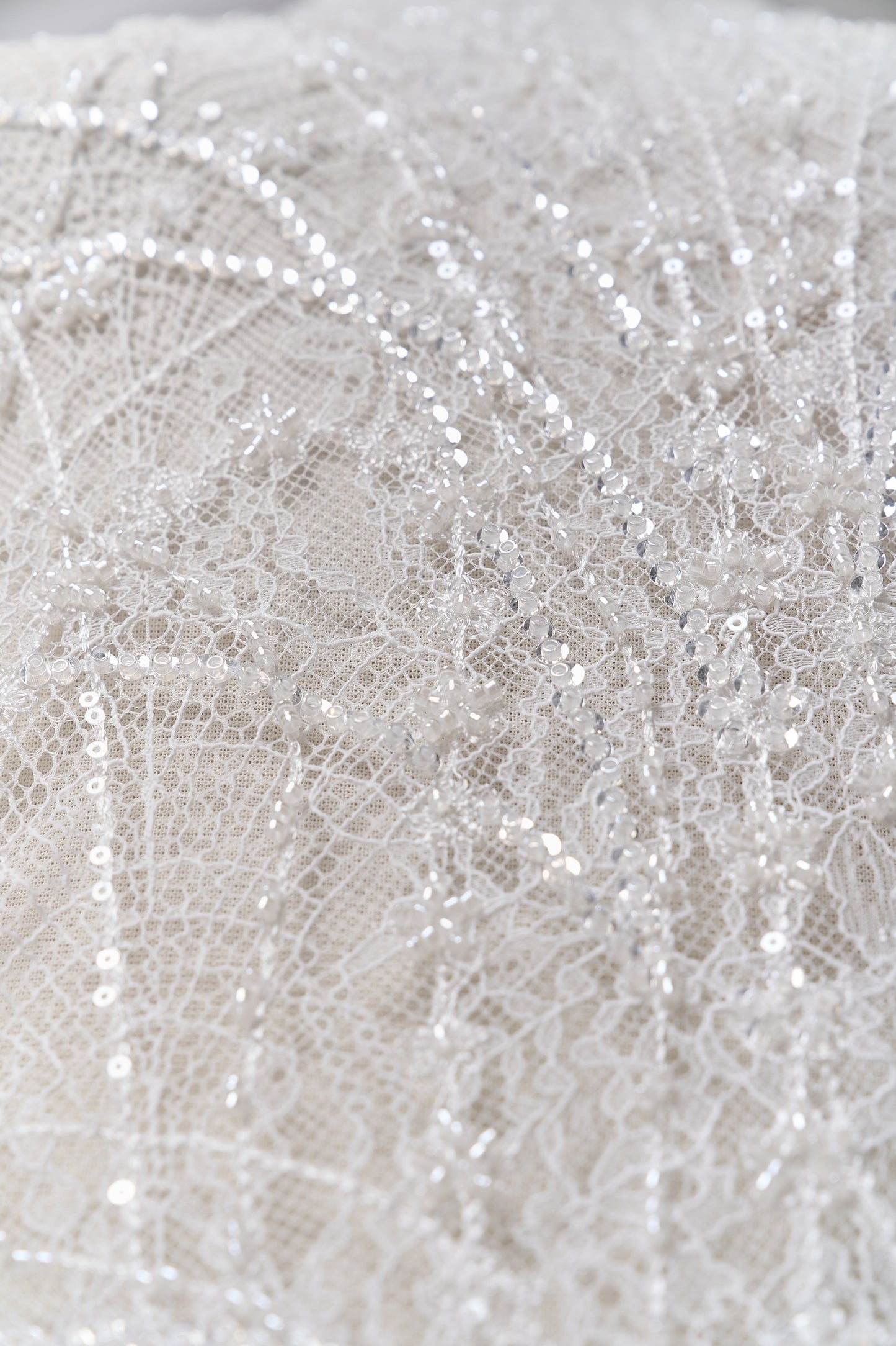 S0677 EMBROIDERY LACE WITH OFF-WHITE BEADS, TRANSPARENT AND SILVER SEQUINS