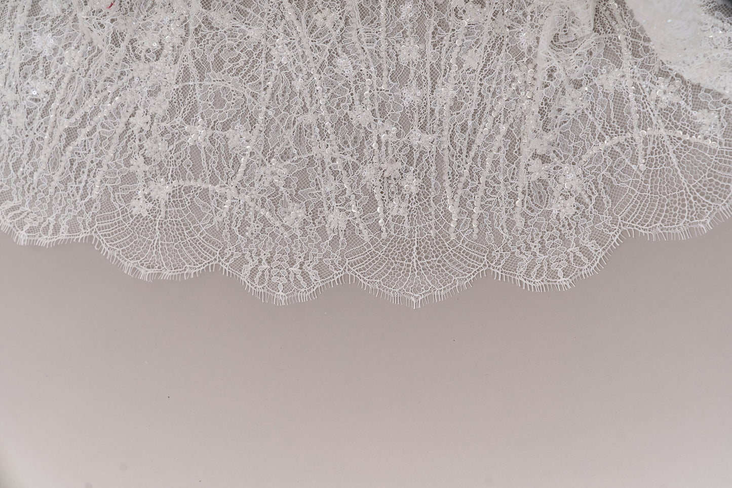 S0677 EMBROIDERY LACE WITH OFF-WHITE BEADS, TRANSPARENT AND SILVER SEQUINS