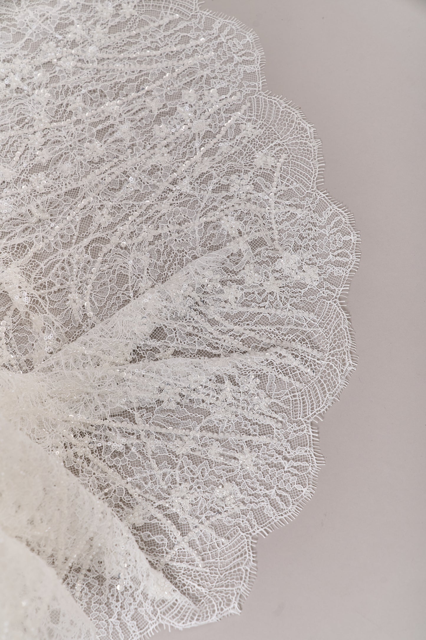 S0677 EMBROIDERY LACE WITH OFF-WHITE BEADS, TRANSPARENT AND SILVER SEQUINS