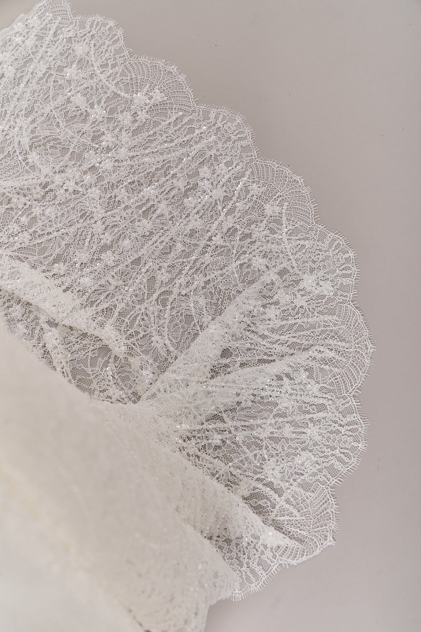 S0677 EMBROIDERY LACE WITH OFF-WHITE BEADS, TRANSPARENT AND SILVER SEQUINS