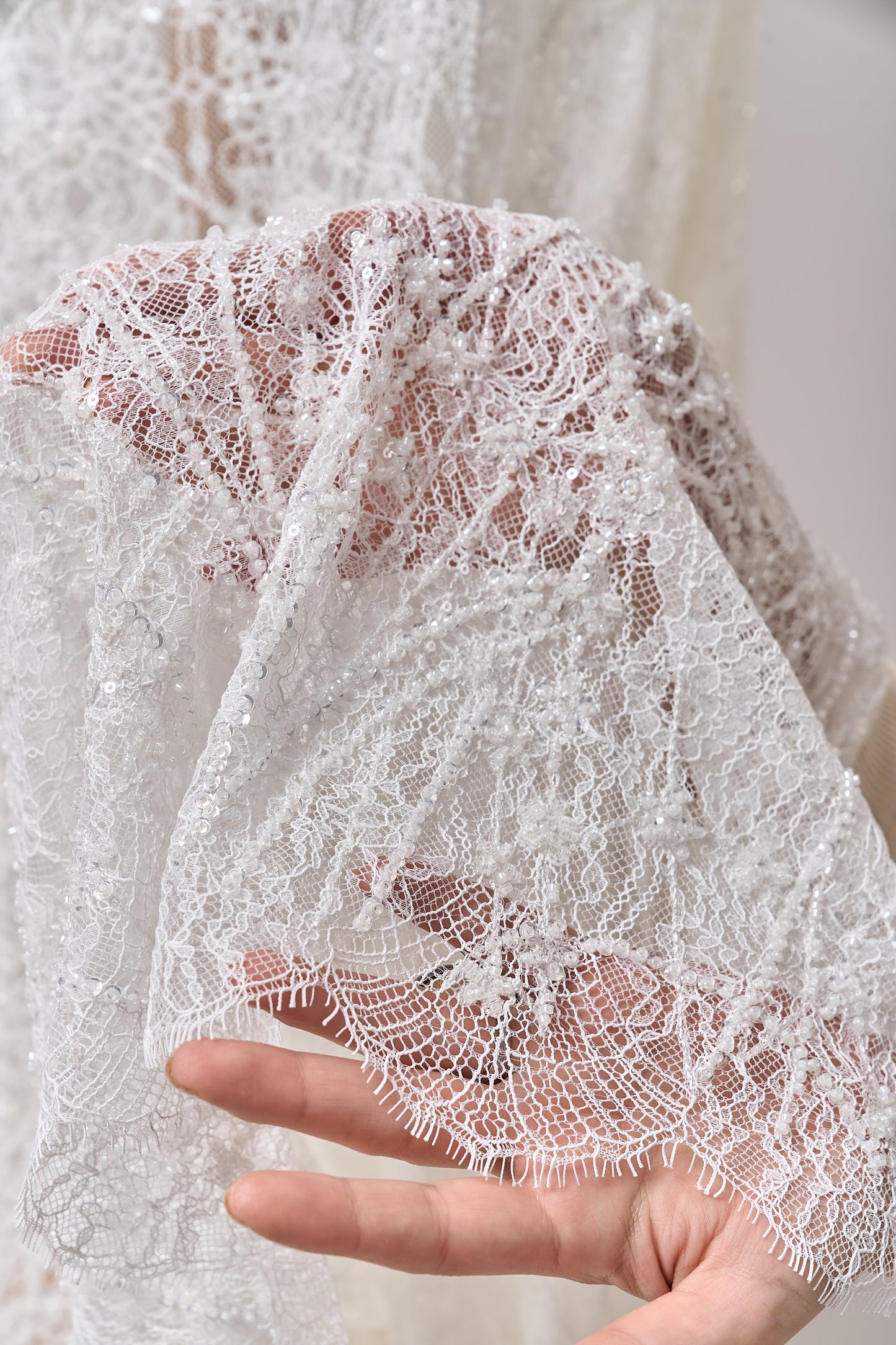 S0677 EMBROIDERY LACE WITH OFF-WHITE BEADS, TRANSPARENT AND SILVER SEQUINS