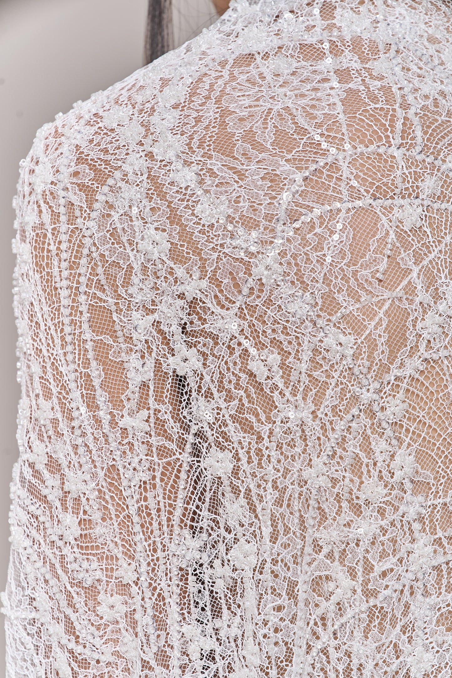 S0677 EMBROIDERY LACE WITH OFF-WHITE BEADS, TRANSPARENT AND SILVER SEQUINS