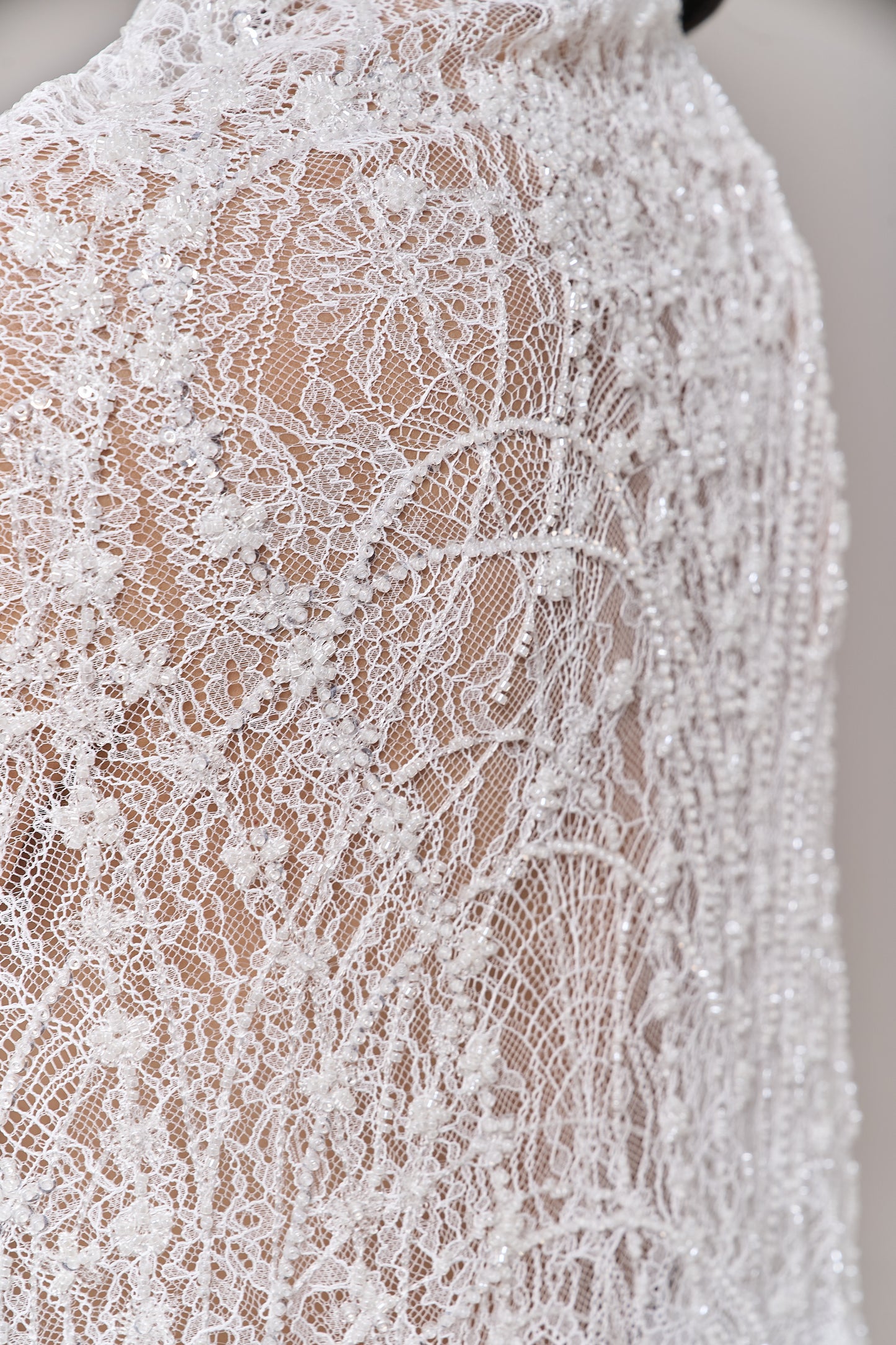 S0677 EMBROIDERY LACE WITH OFF-WHITE BEADS, TRANSPARENT AND SILVER SEQUINS