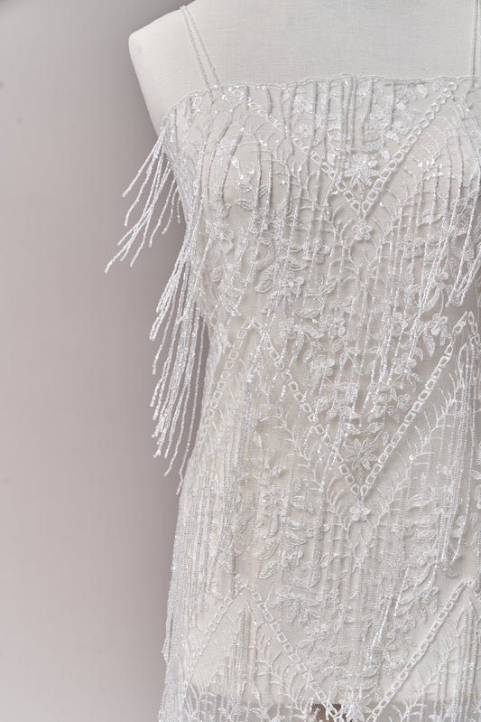 S0676 WHITE - EMBROIDERY TULLE WITH TRANSPARENT BEADS AND SEQUINS