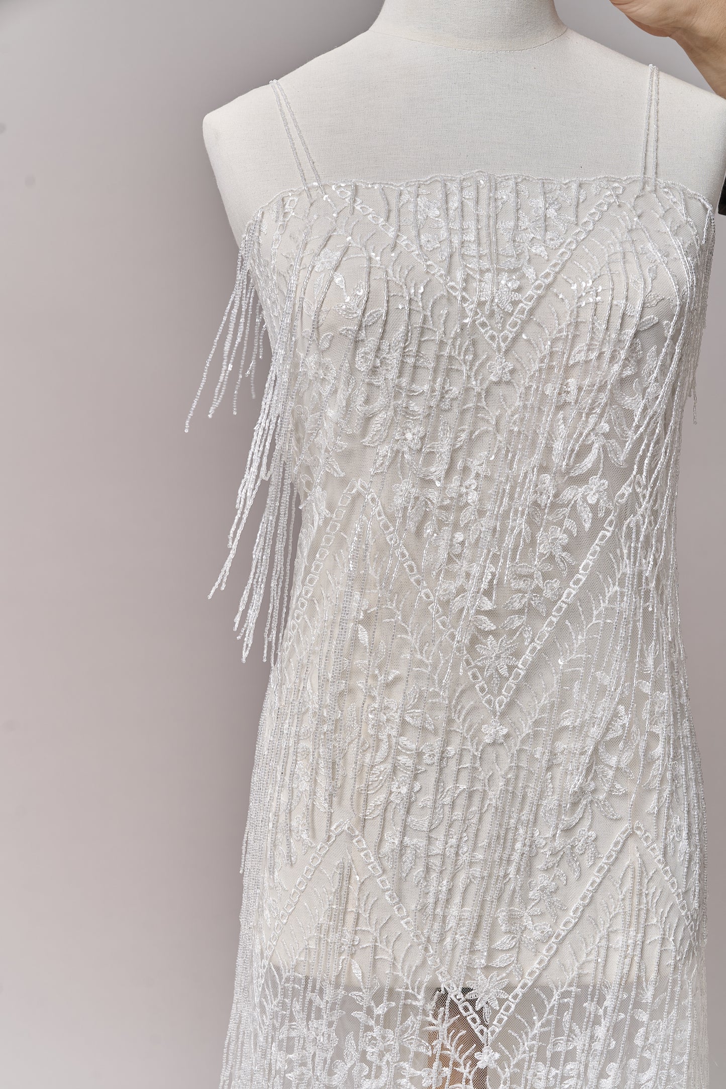 S0676 WHITE - EMBROIDERY TULLE WITH TRANSPARENT BEADS AND SEQUINS