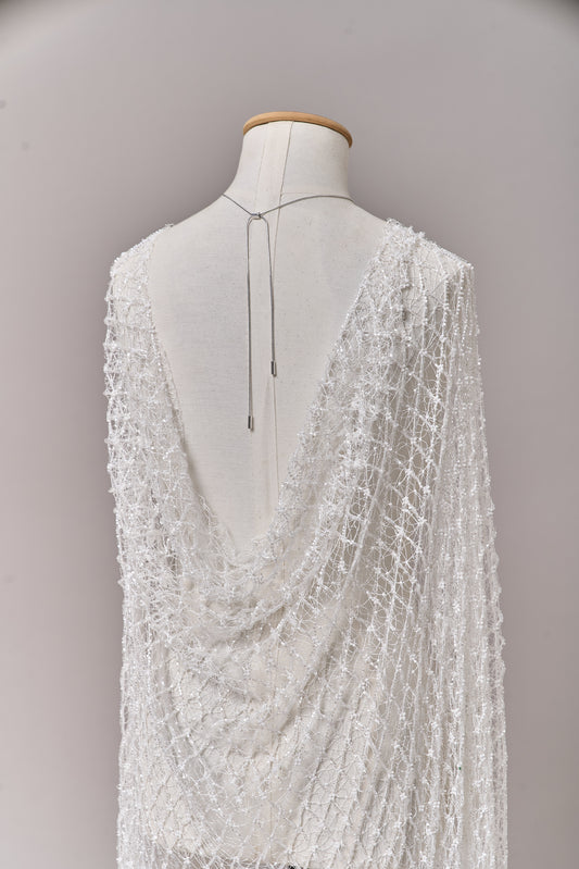 S0682 NET WITH OFF-WHITE BEADS AND TRANSPARENT BUGLE BEADS