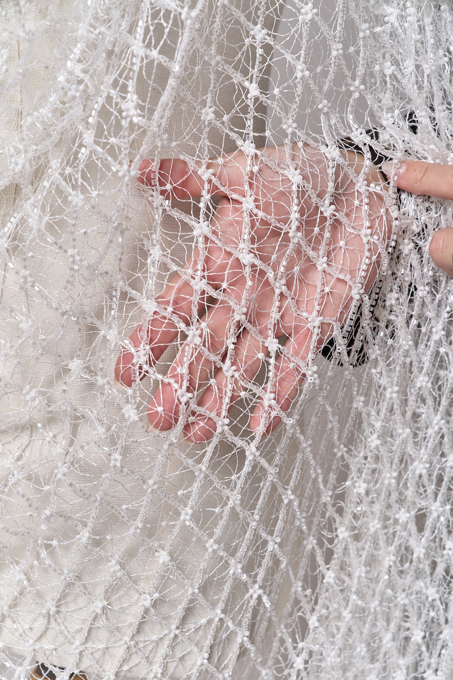 S0682 NET WITH OFF-WHITE BEADS AND TRANSPARENT BUGLE BEADS
