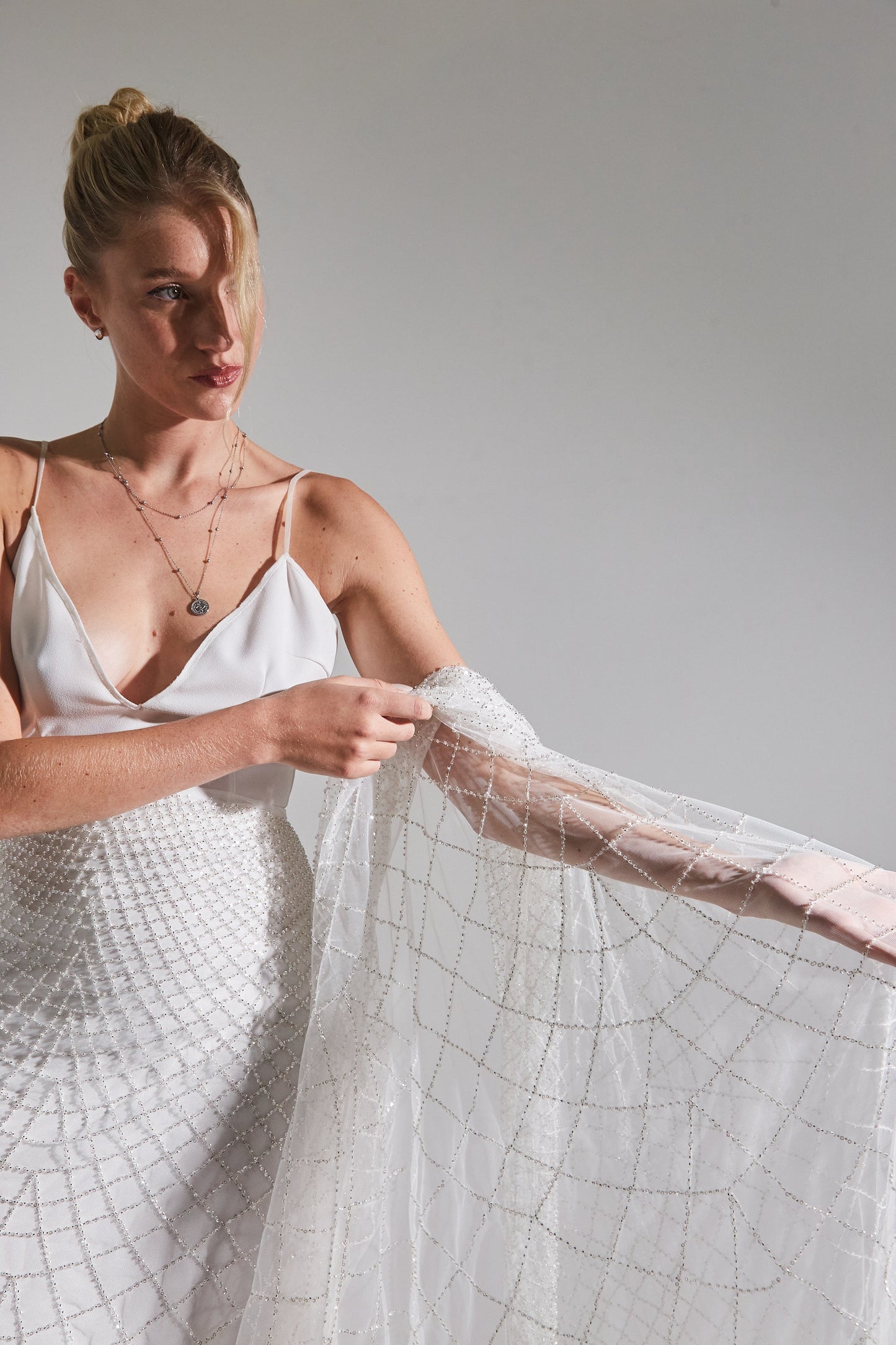 S0645 EMBROIDERY TULLE WITH SILVER BEADS