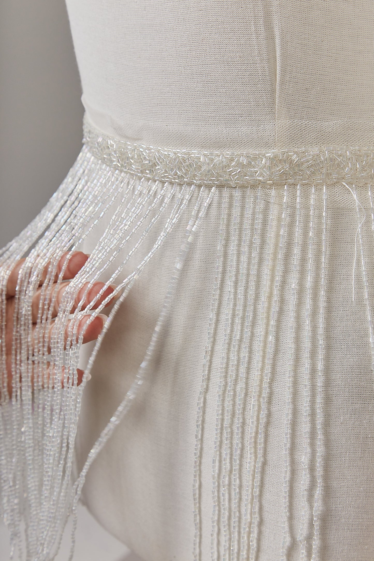 S0647 EMBROIDERY FRINGE TRIM WITH WHITE BEADS